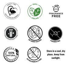 Load image into Gallery viewer, Icons showcasing cruelty-free, vegan, fragrance-free, and 100% natural skincare certifications.