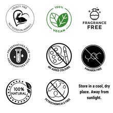 Load image into Gallery viewer, Icons showcasing cruelty-free, vegan, and natural product features. Promoting eco-friendly and healthy skincare choices.
